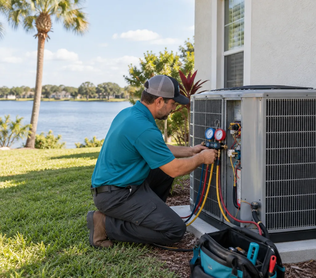 Technician servicing an outdoor condenser at a Lake Wales home with gauges attached and the service panel open