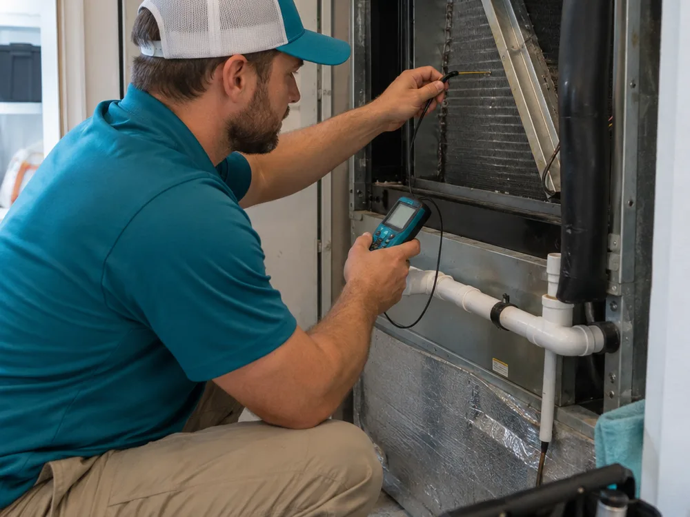 Technician inspecting an indoor air handler condensate drain and measuring supply and return temperatures