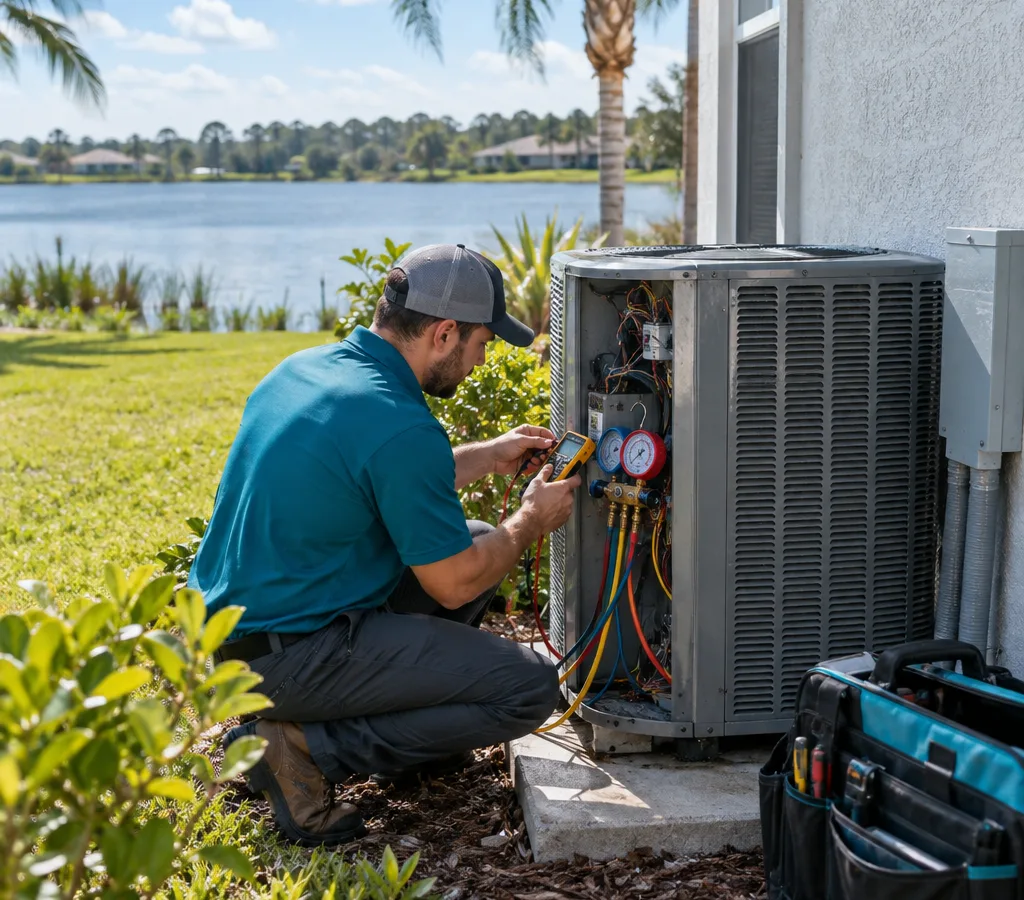 Technician diagnosing an outdoor AC condenser at a Lake Wales home using gauges and a multimeter