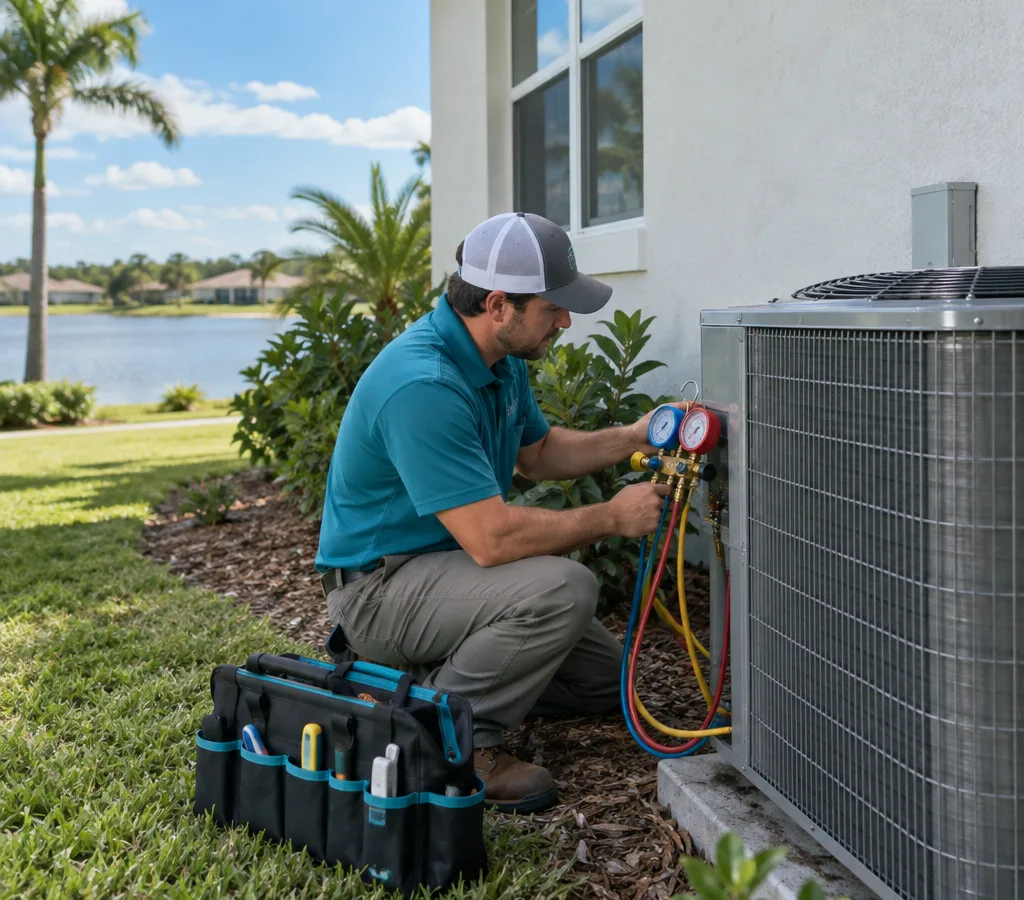 Technician servicing an outdoor AC condenser beside a Florida home with gauges connected