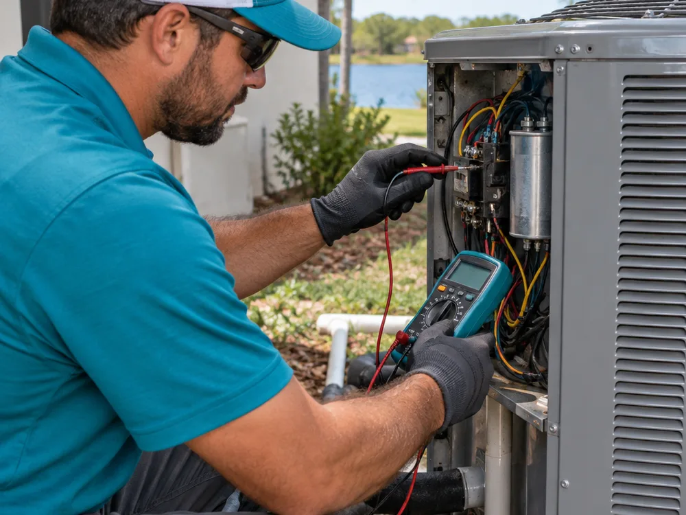 Technician using a multimeter inside an outdoor condenser electrical compartment