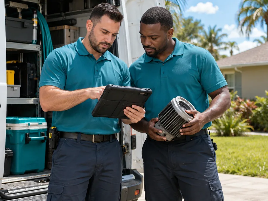 Two HVAC technicians reviewing diagnostics and parts beside a service vehicle